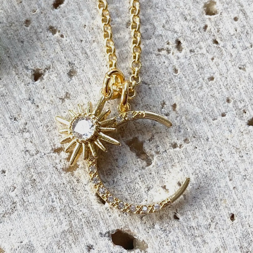 Gold Crescent Moon and Sun Pendant Necklace